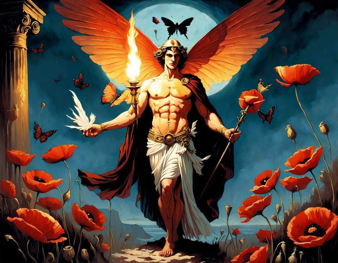 Surreal Ancient Greek God of Sleep in Dark Poppies Landscape