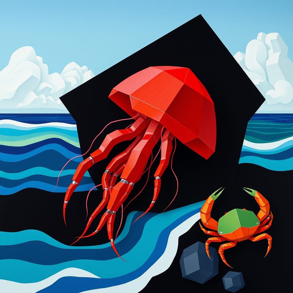 Robotic Jellyfish on Tropical Beach in Cubist Style