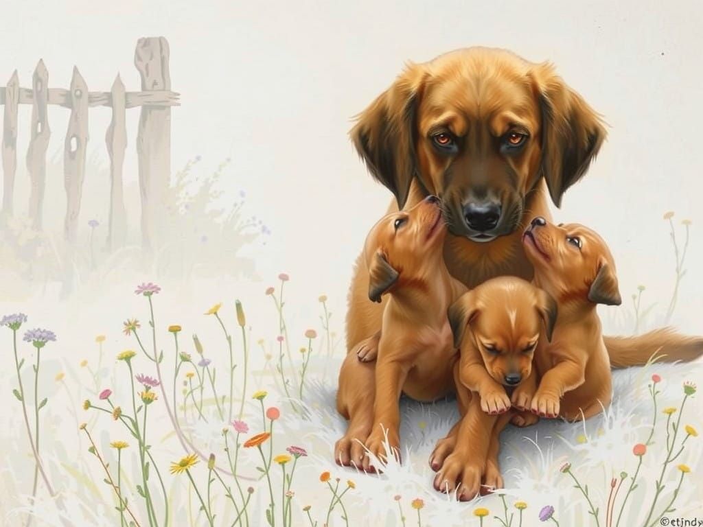 Heartwarming Scene of Mother Dog and Puppies in a Sun-Kissed...