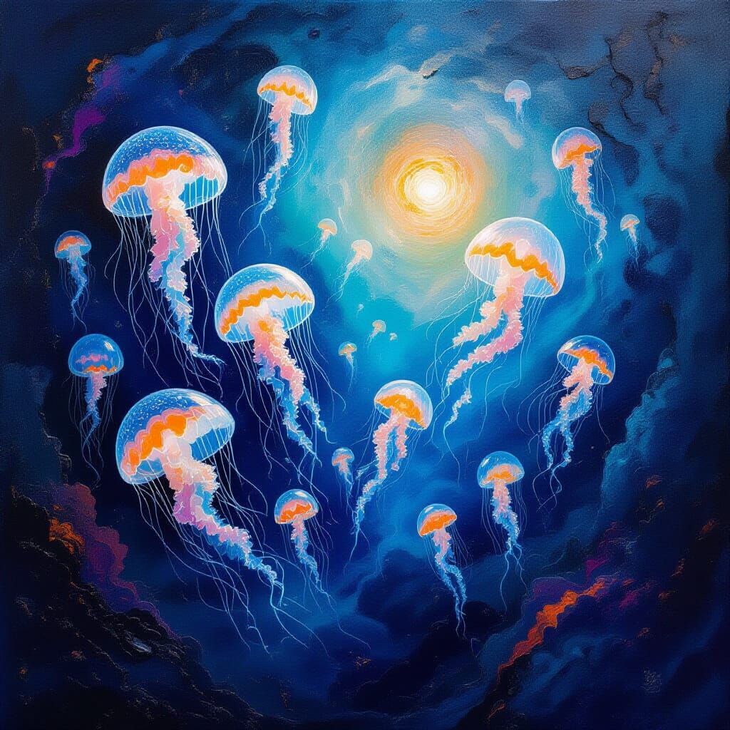 Ethereal Jellyfish Dreamscape in Encaustic Style