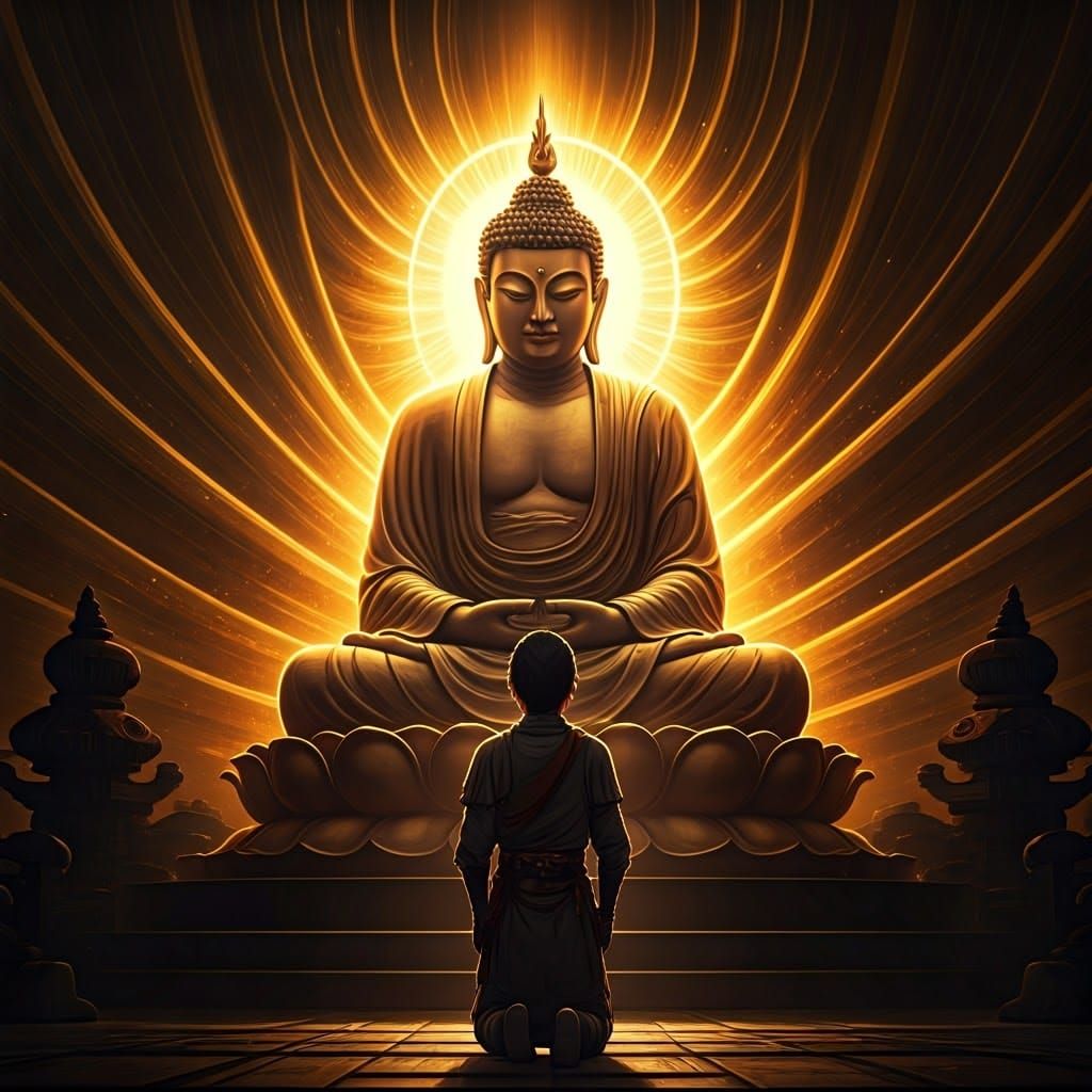 Serene Subhuti in Golden Light Before the Buddha