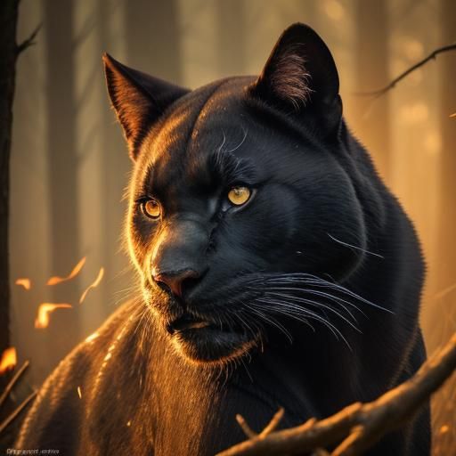 Fierce Black Panther Portrait in Firelight