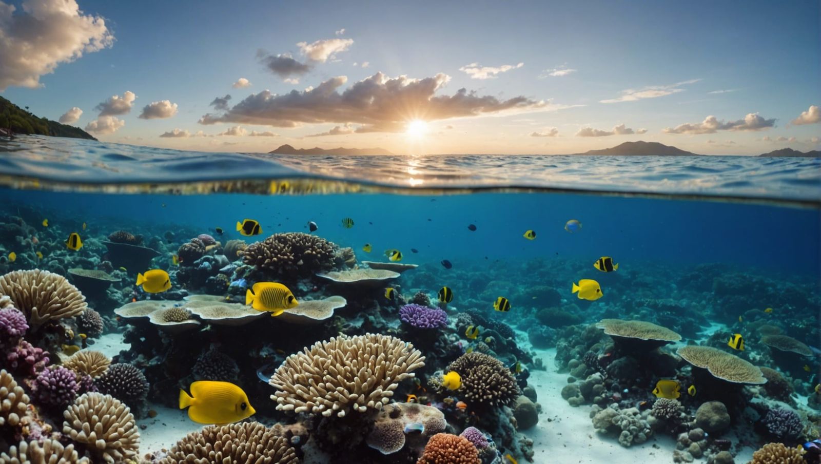 Underwater Coral Reef and Tropical Fish Horizon View
