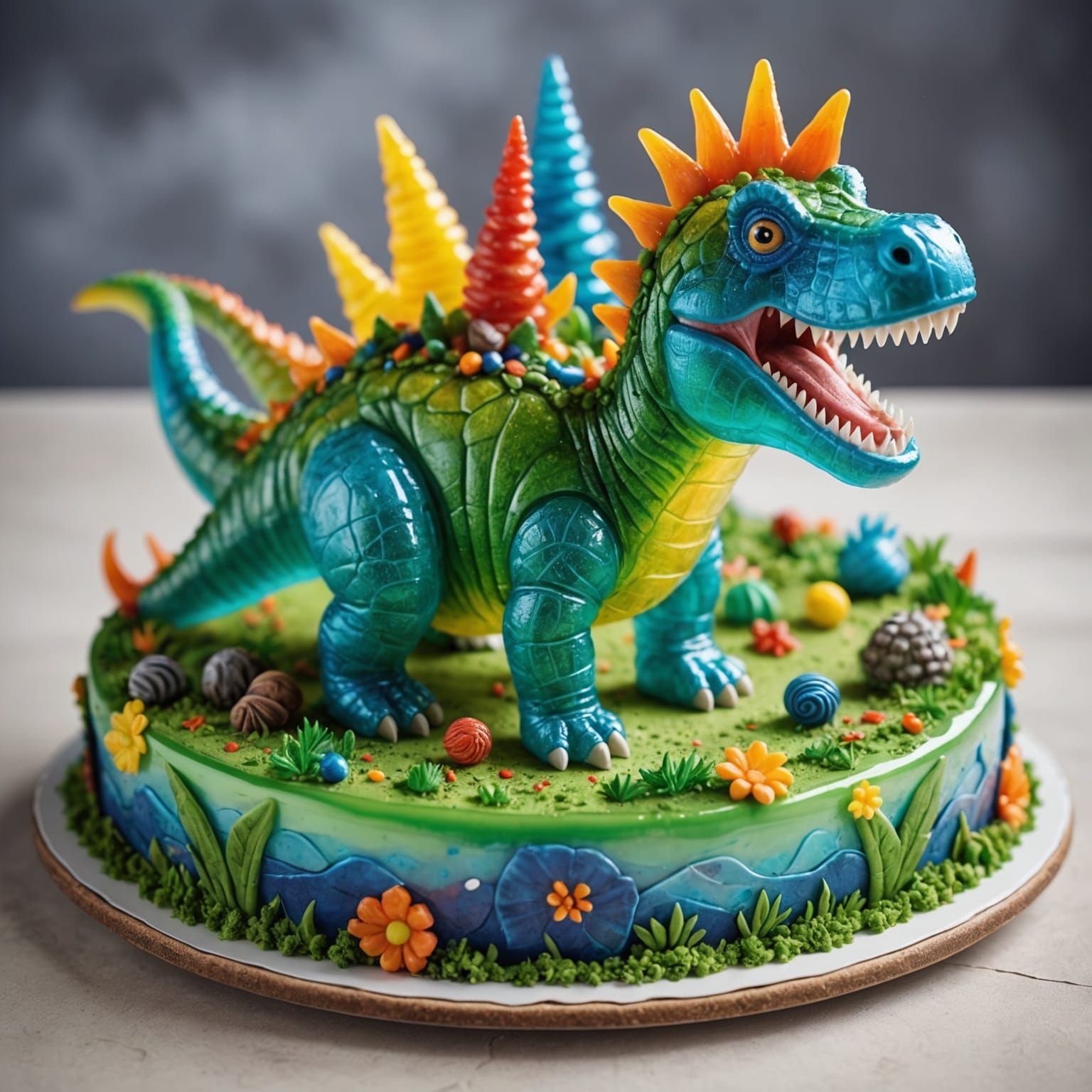 Glass Dinosaur Birthday Cake: Hyperdetailed Photographic Sty...