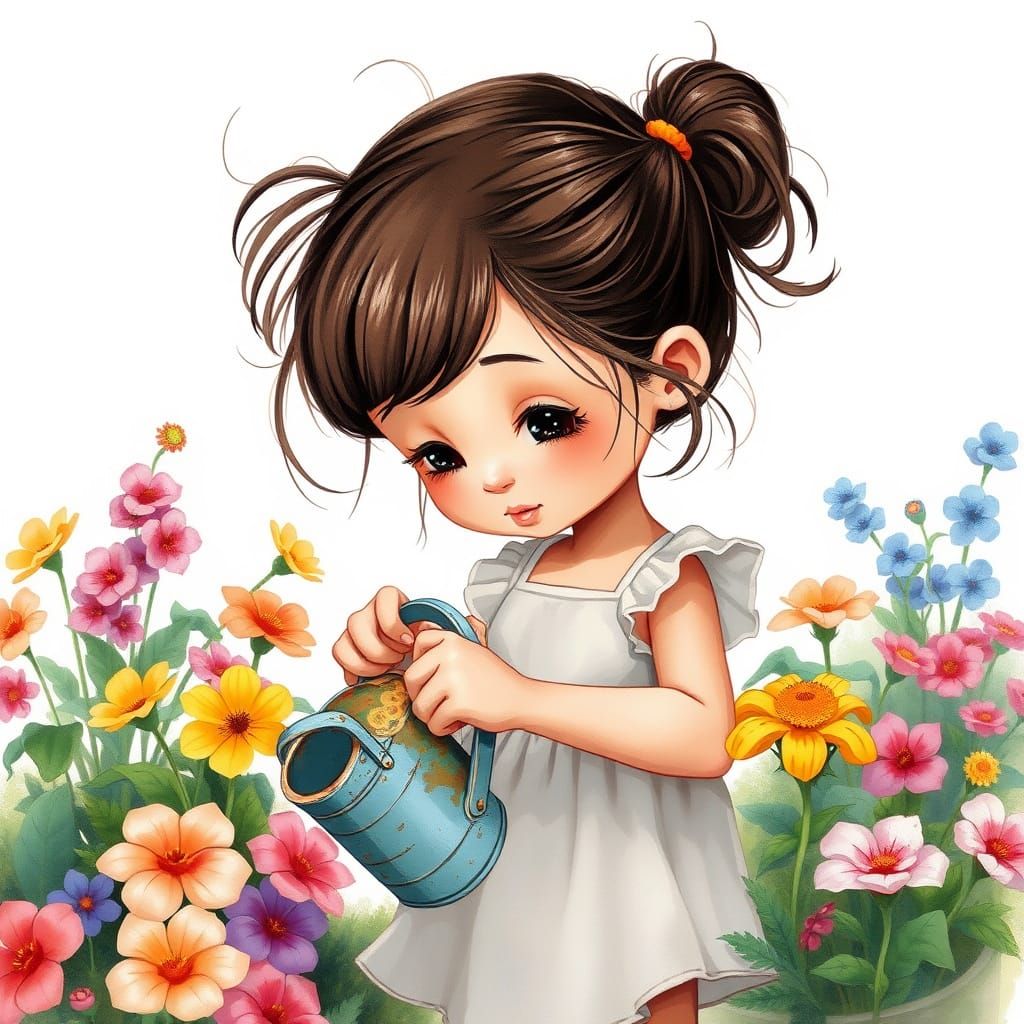 Charming Little Girl Waters Blooming Flowers in Dreamy Carto...