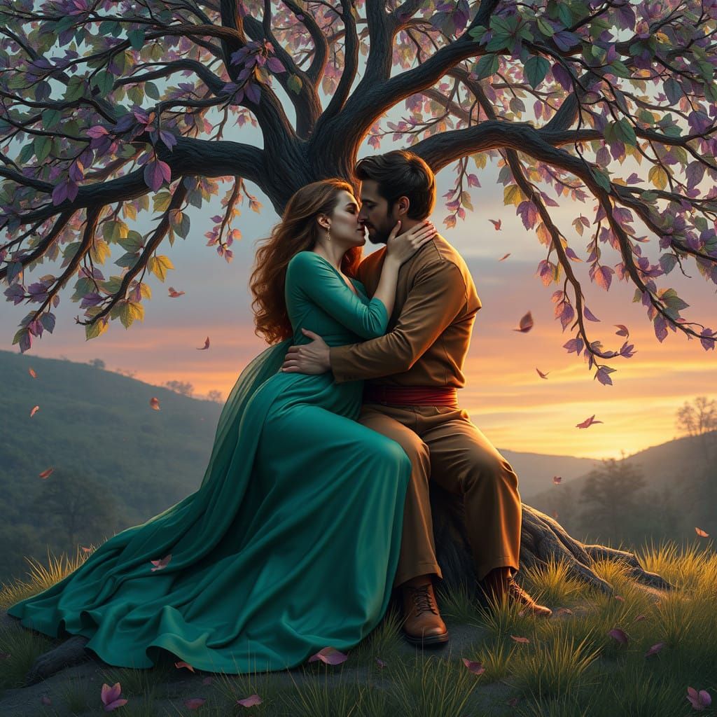 Couple in Whimsical Landscape with Radiant Tree of Life
