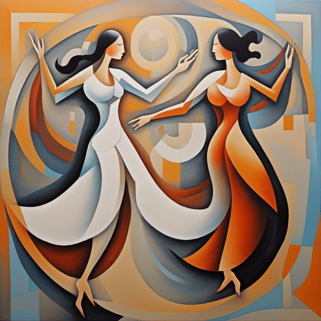 Cubist Painting of Dancing Women in Contrasting Dresses