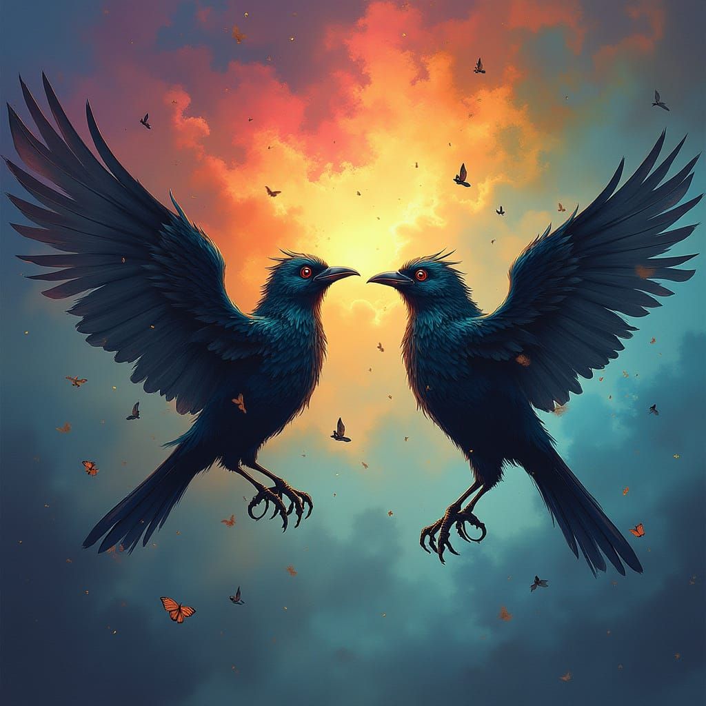 Gothic Birds Singing Under Cosmic Rainbow Sky