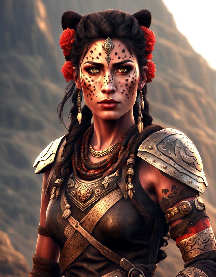 Warrior Princess with Cheetah Tattoo in Video Game Style