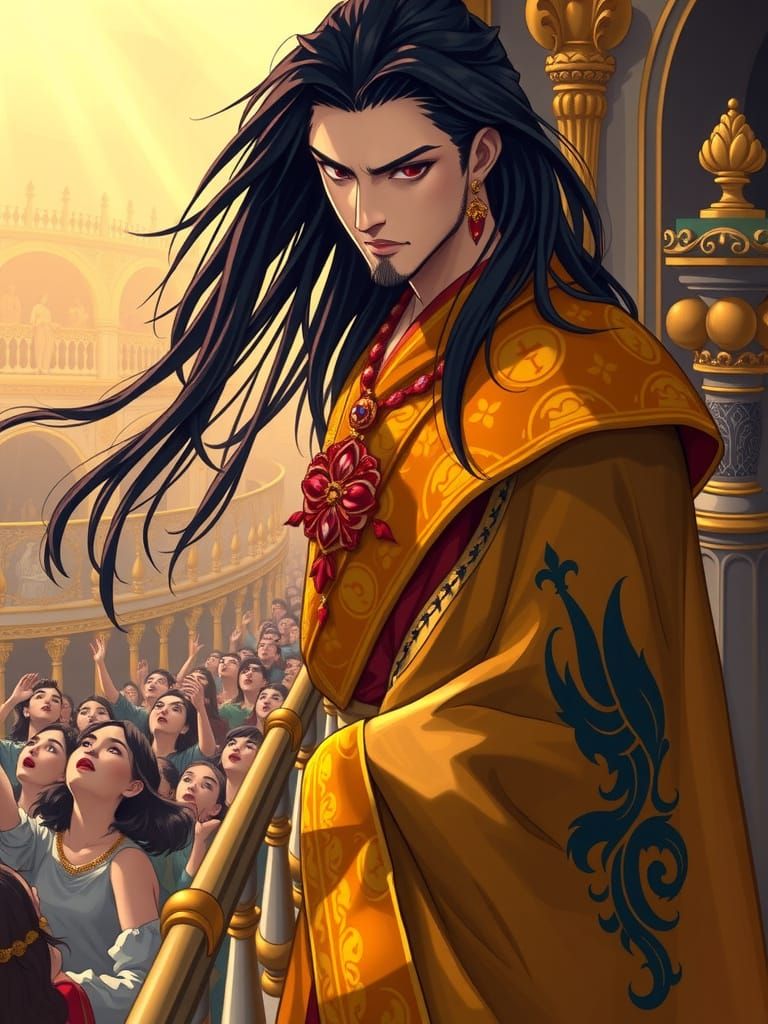 Regal Byzantine Prince in Golden Robes Overlooking Worshiper...