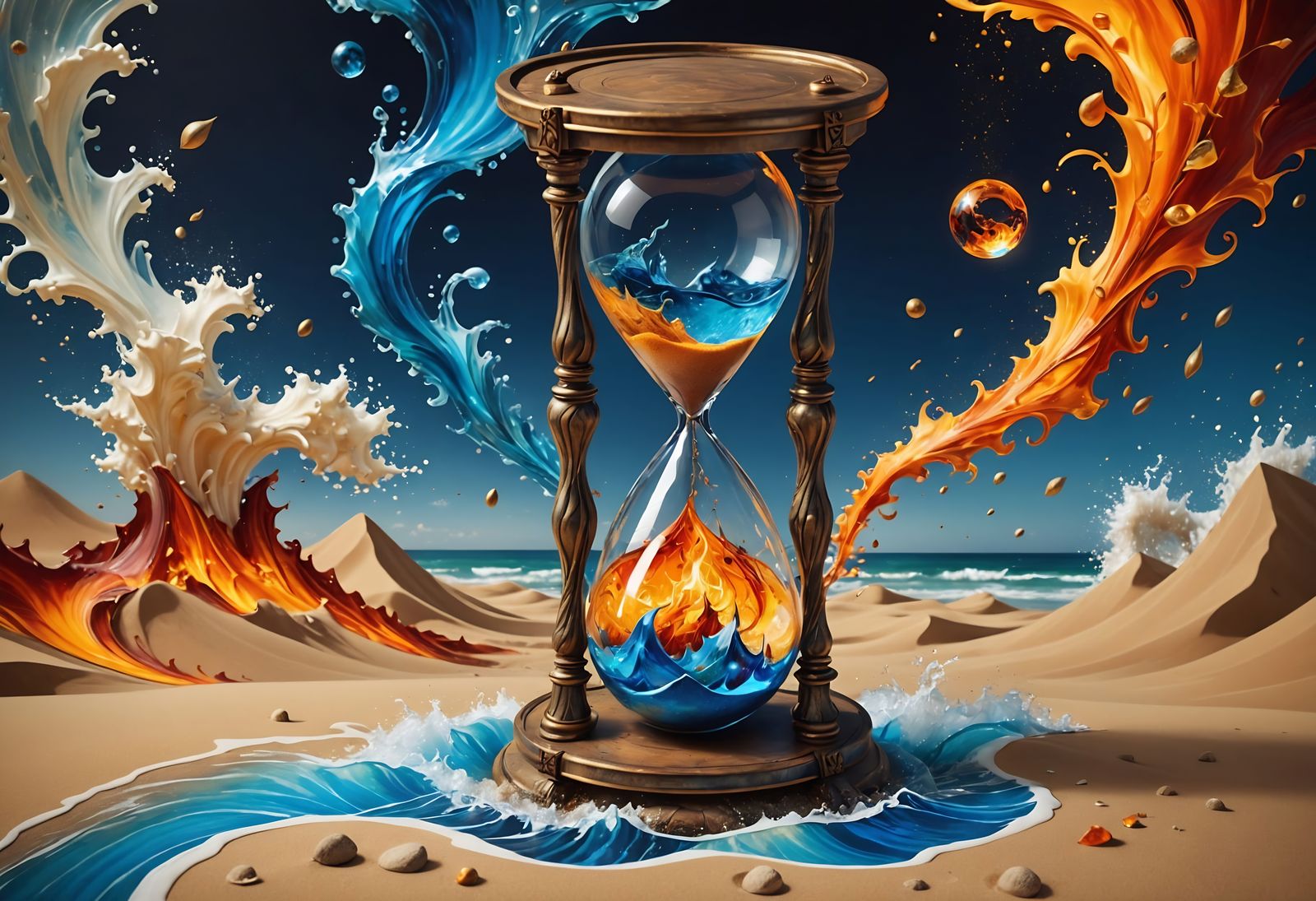Gothic Hourglass with Swirling Flames and Water