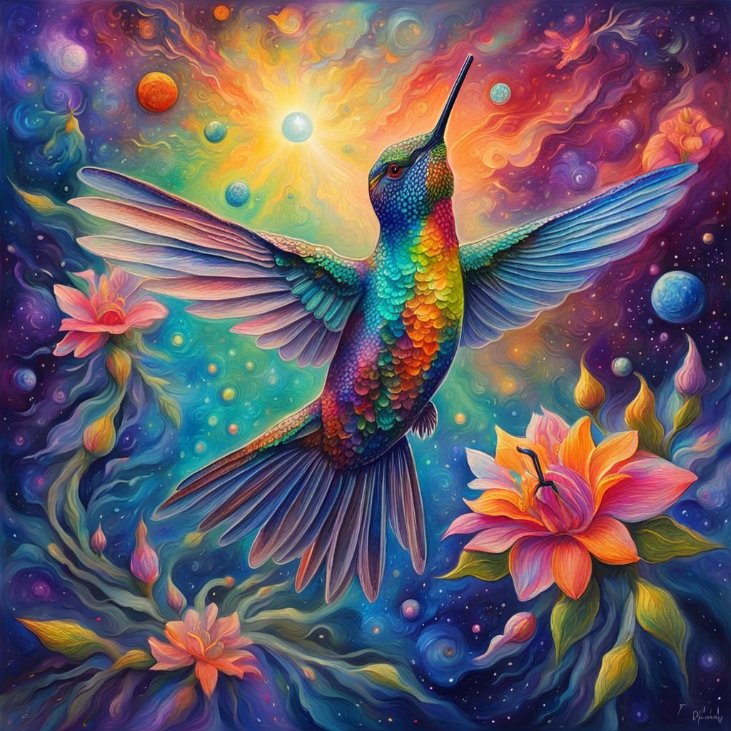 Mystical Hummingbird Astral Illustration in Gouache Style
