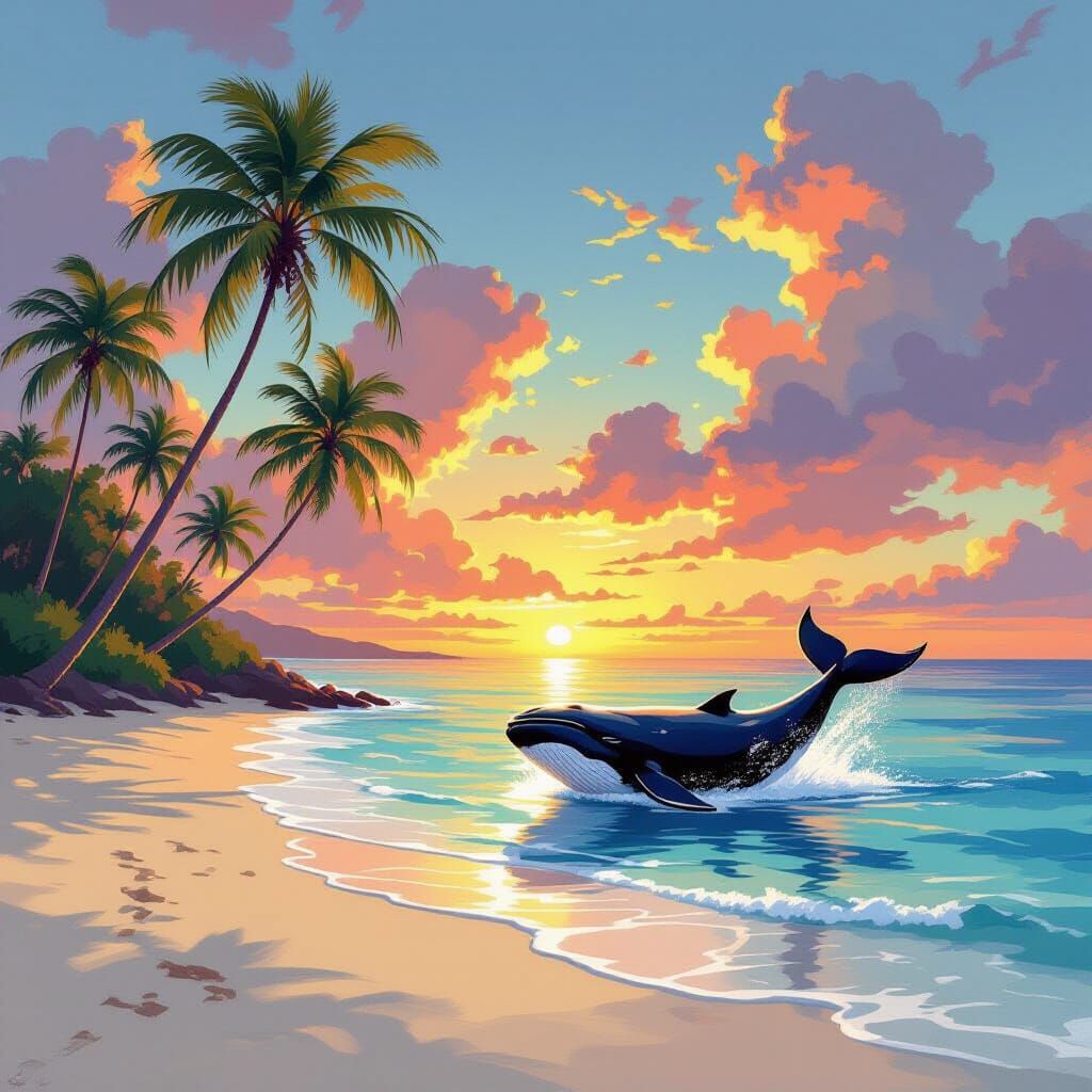 Island Sunset with Whale in Style of Loish
