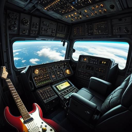 Spacecraft Cockpit View with Floating Guitar