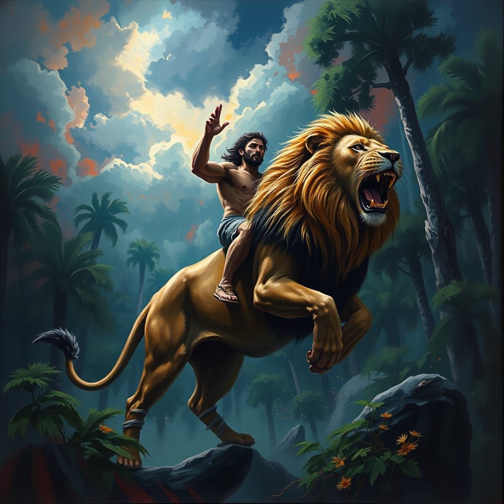 Dark Fantasy Jungle Warrior Rides Majestic Lion in Stormy Sk...