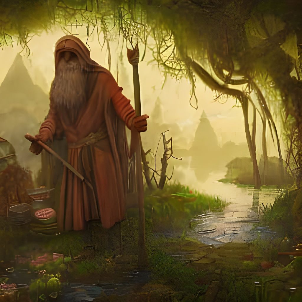 Medieval Druid in Swamp Shack: Surrealist Painting