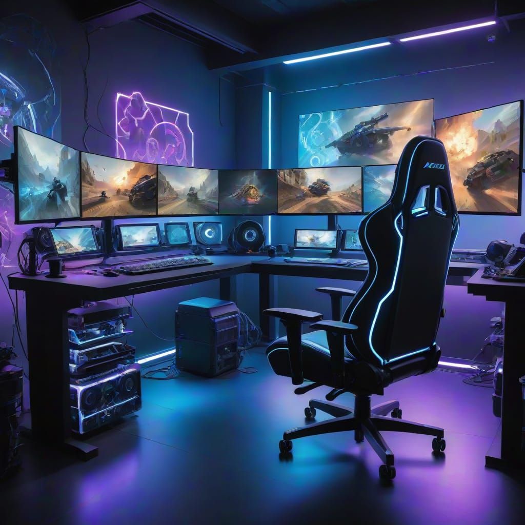 Cyberpunk Gamer Mastermind Commands High-Tech Battle Station