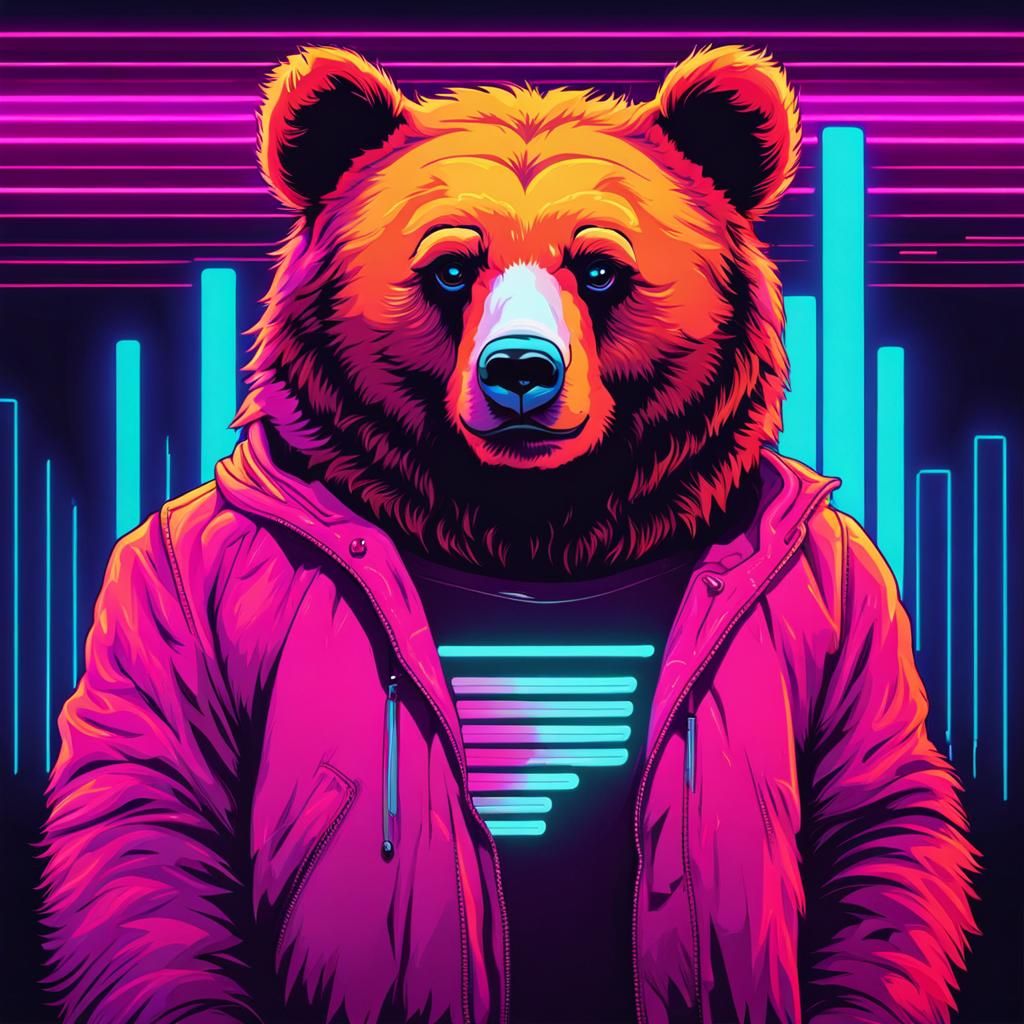 Cute Bear in Synthwave Neon Retro Style
