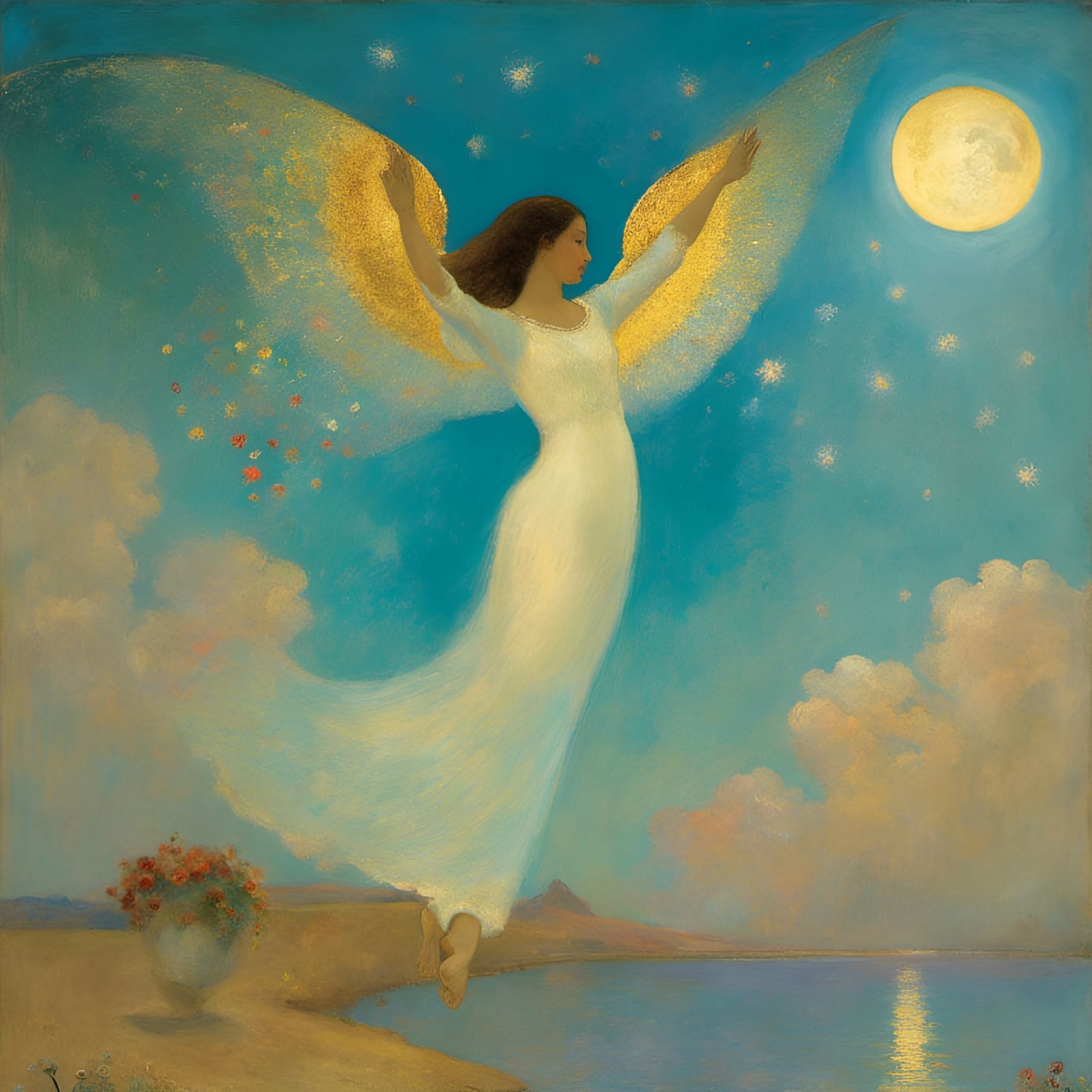 Winged Angel's Moonlit Dance in Impressionist Style