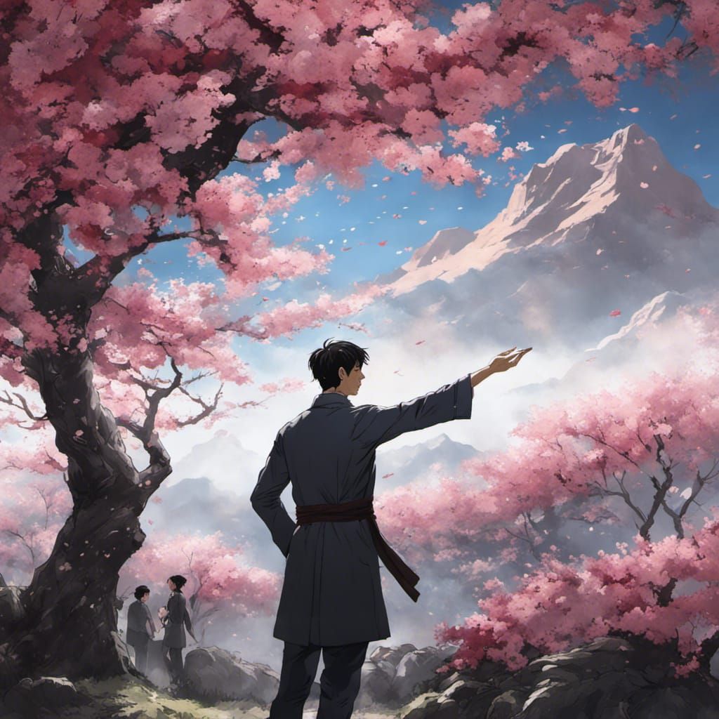 Man Under Cherry Tree in Sumi-e Style