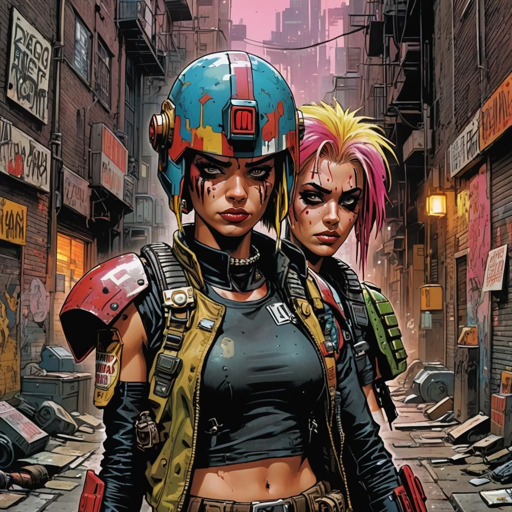 Tank Girl and Judge Dredd in Dystopian Alleyway