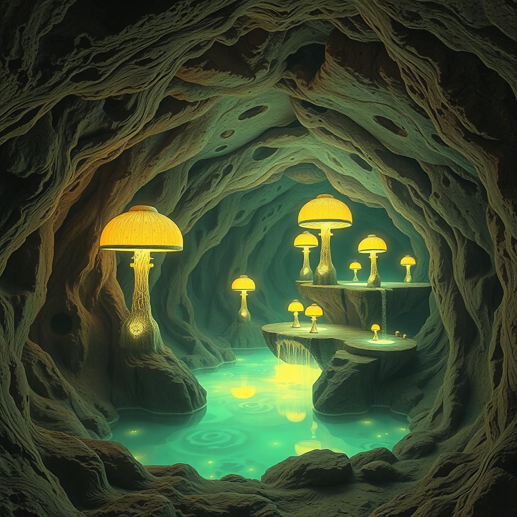Alien Cave with Bioluminescent Pool, Astral Illustration