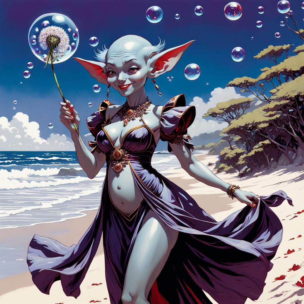 Goblin with Dandelion Bubbles in Art Nouveau Style