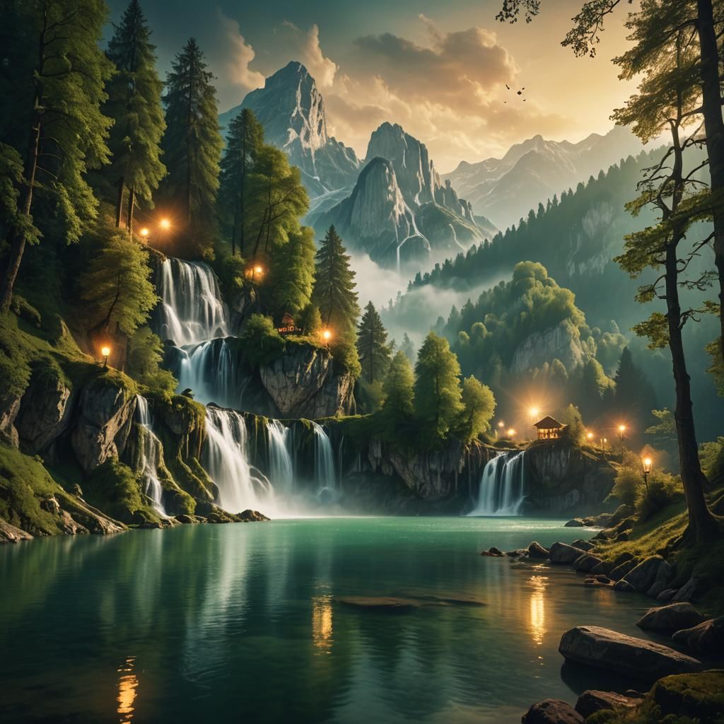 Mystical Slovenia Landscape with Glowing Lanterns