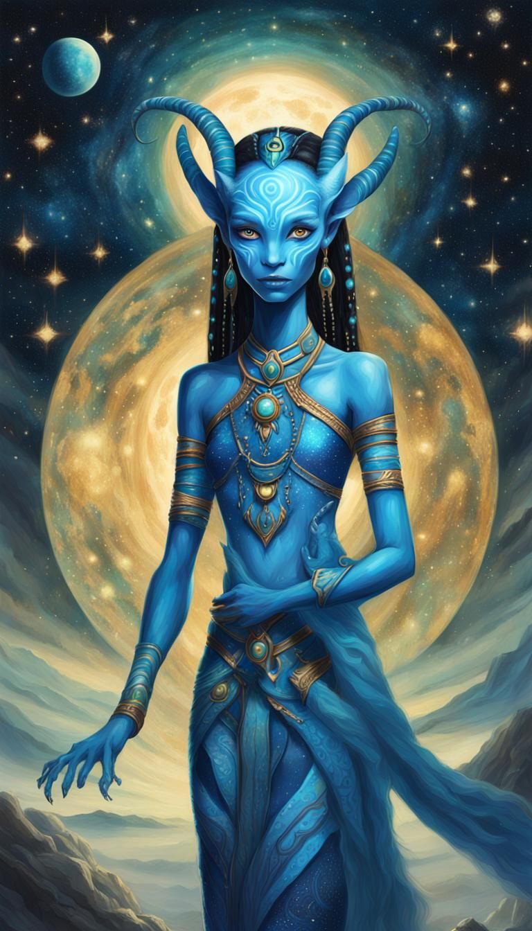Mesmerizing Fantasy art print a blue-skinned Neytiri Lyran Starseed stands illuminated with her gaze locked into her mem...