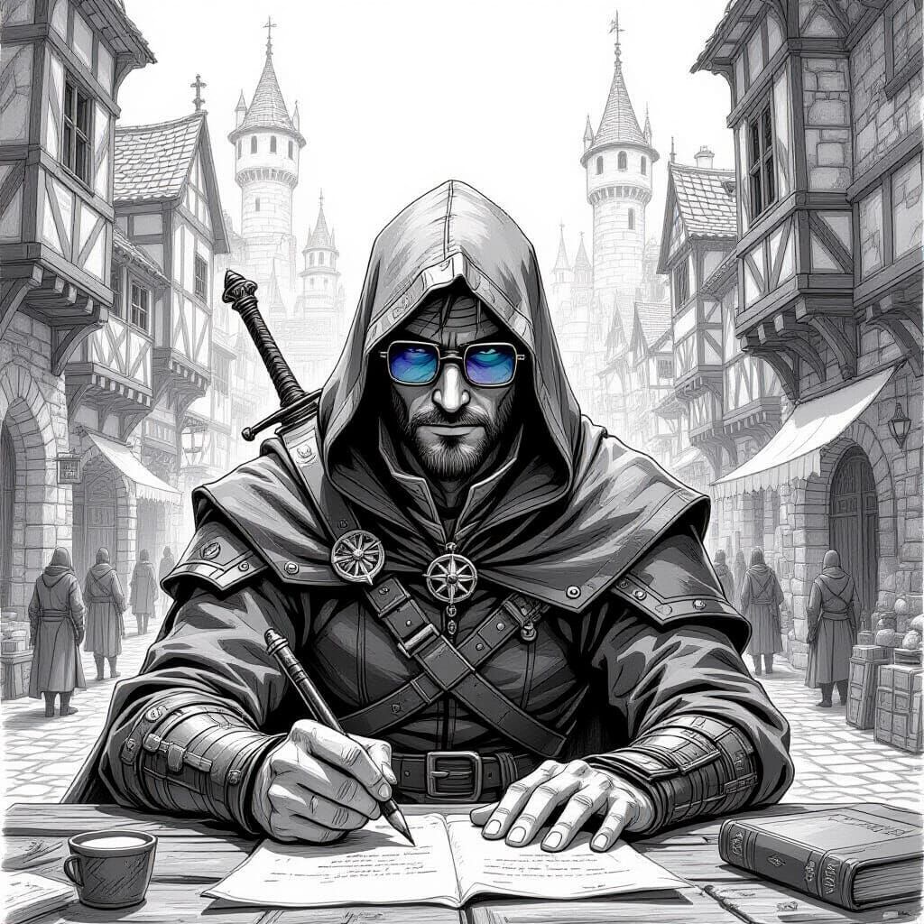 Pencil Sketch of a D&D Thief in Medieval City