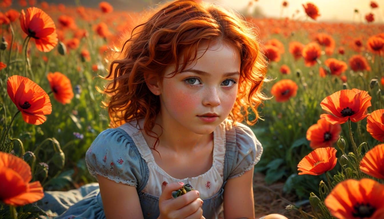 Vibrant Field Portrait of a Curly Red-Haired Girl