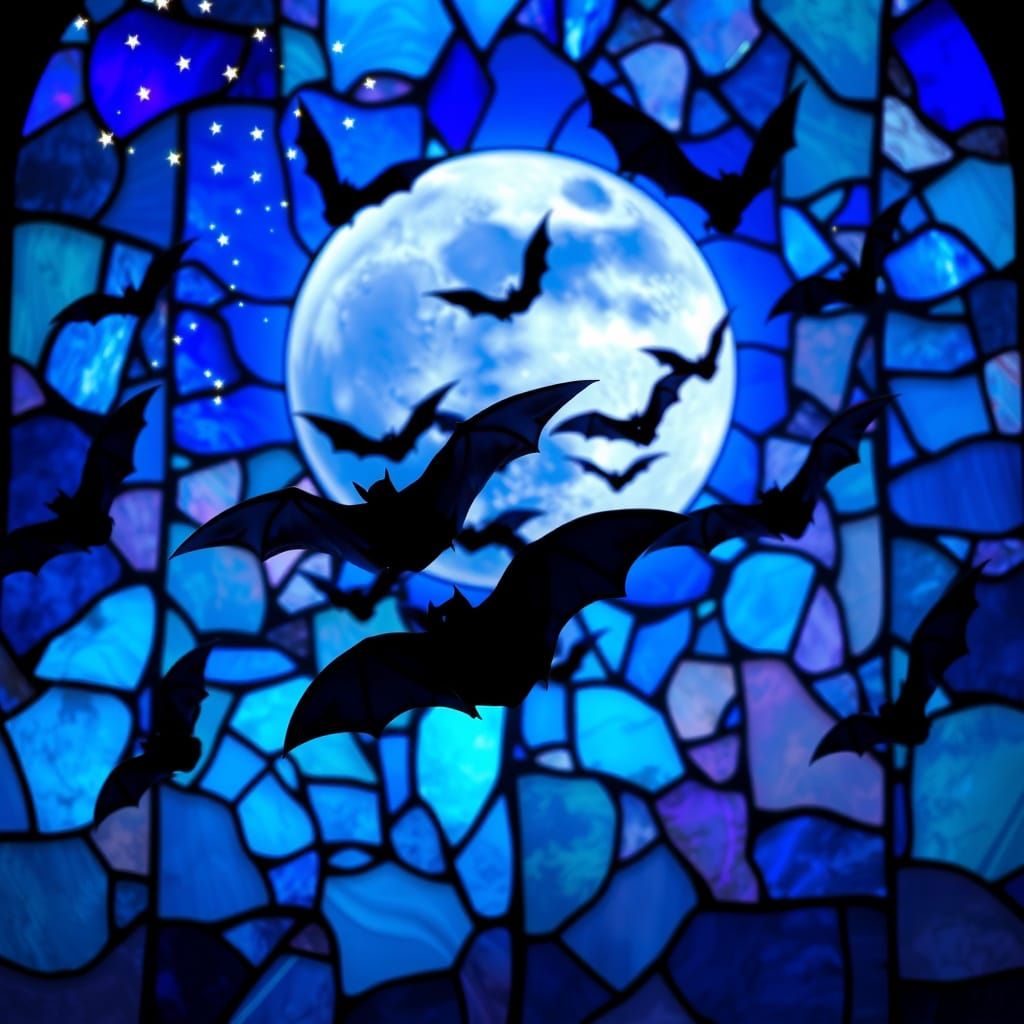 Bats Against Vibrant Moonlit Sky Stained Glass Art