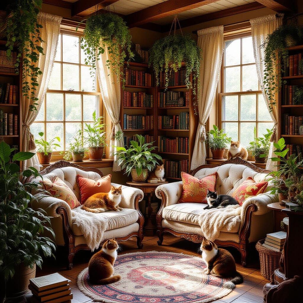 Magical Cozy Room with Cats in Whimsical Style