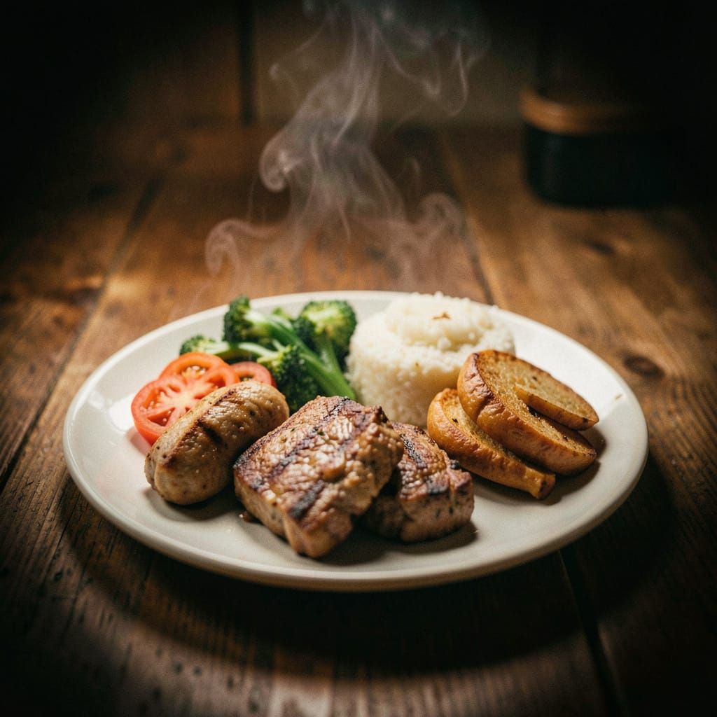 Hot, Simple Food in Realistic Cinematic Film Still