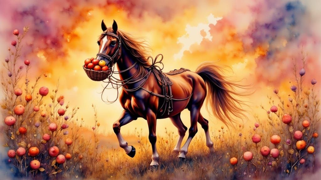 Horse Carries Apples at Sunset in Watercolor Style