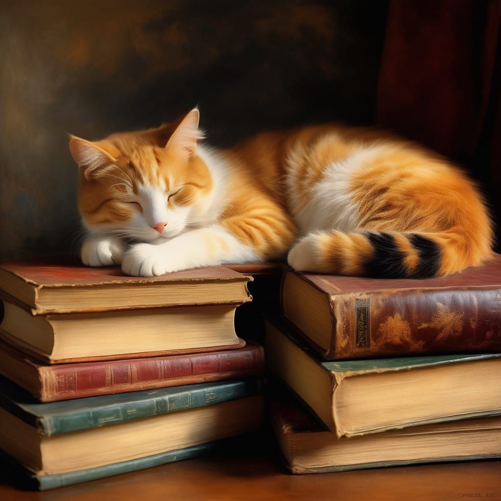 Cozy Library Scene in Impressionist Oil Painting Style