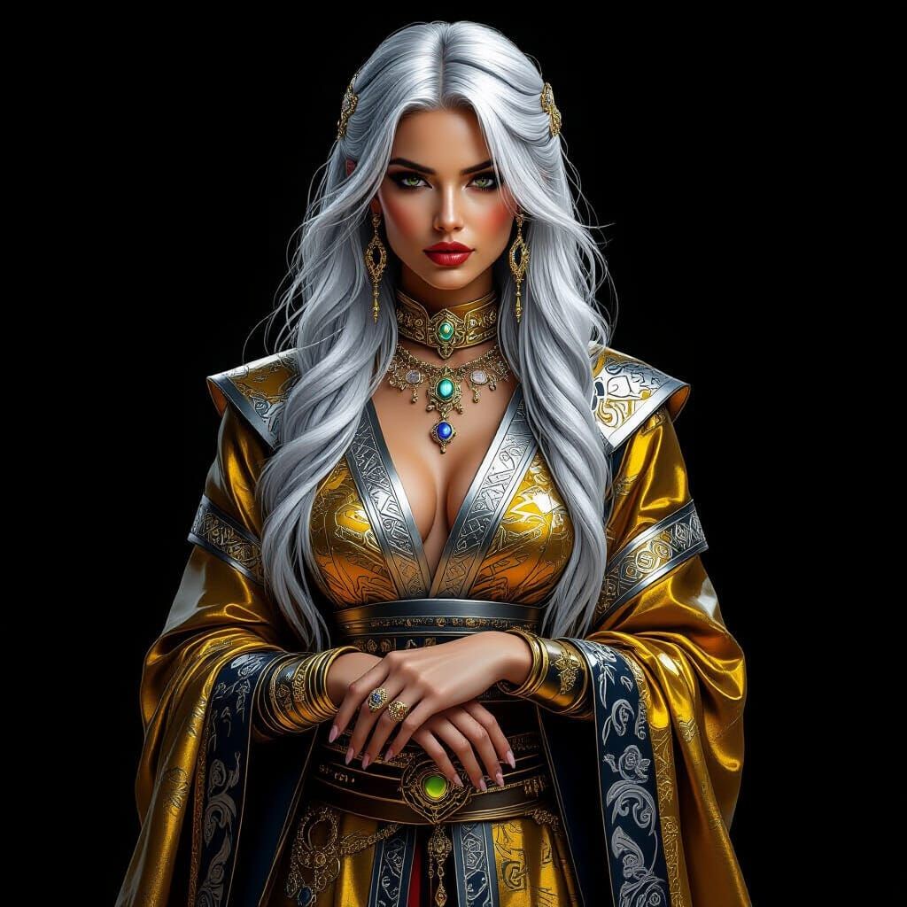 Silver Haired Woman in Gold and Silver Attire