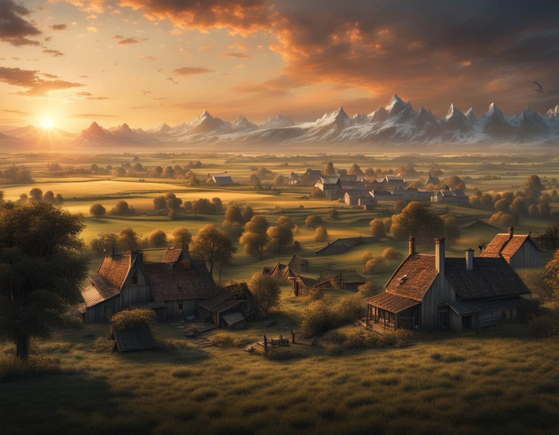 Countryside Farm at Sunrise: Digital Matte Painting