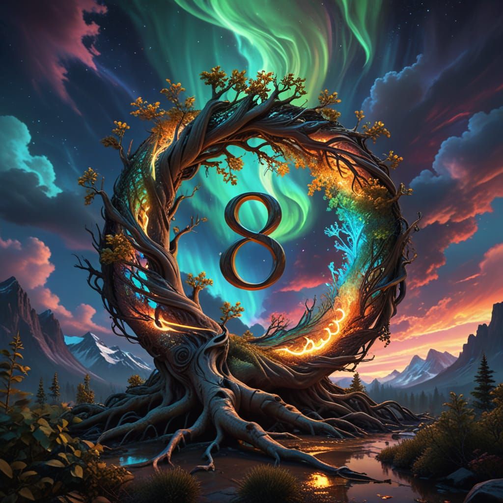 Twisting Tree Roots Form the Number 8 Amidst a Vibrant Auror...