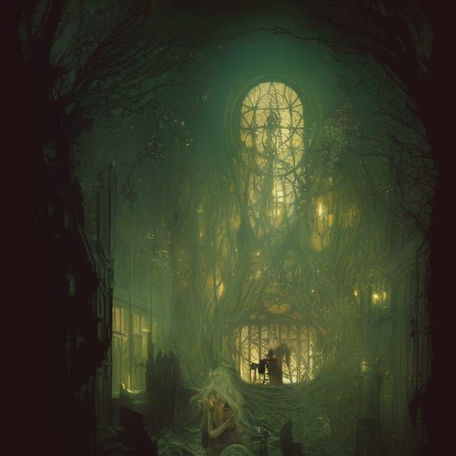 Magical Haunted House Illustration in Art Nouveau Style