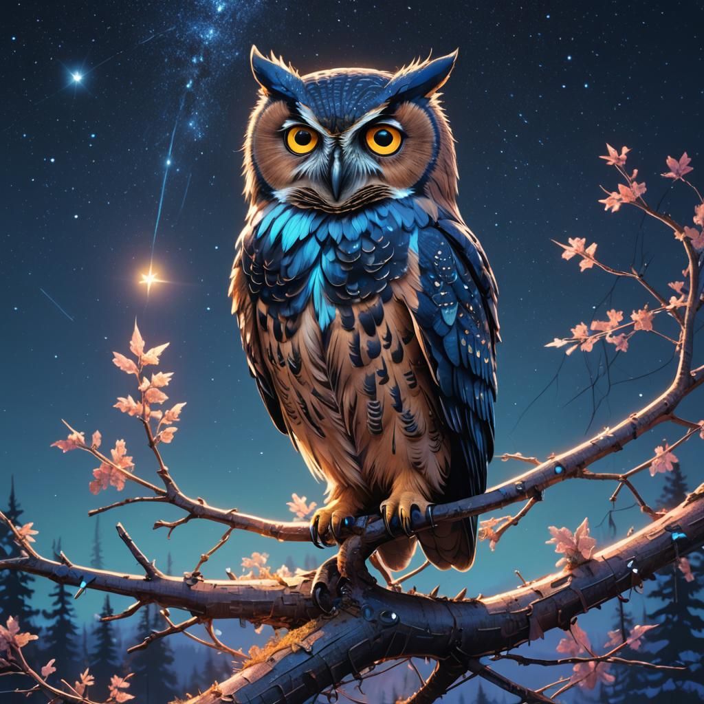 Star Owl Perched on Crystal Branch at Night