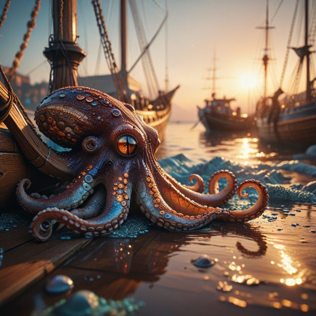 A Cinematic Octopus Sinks a Weathered Sailing Ship in a Gold...
