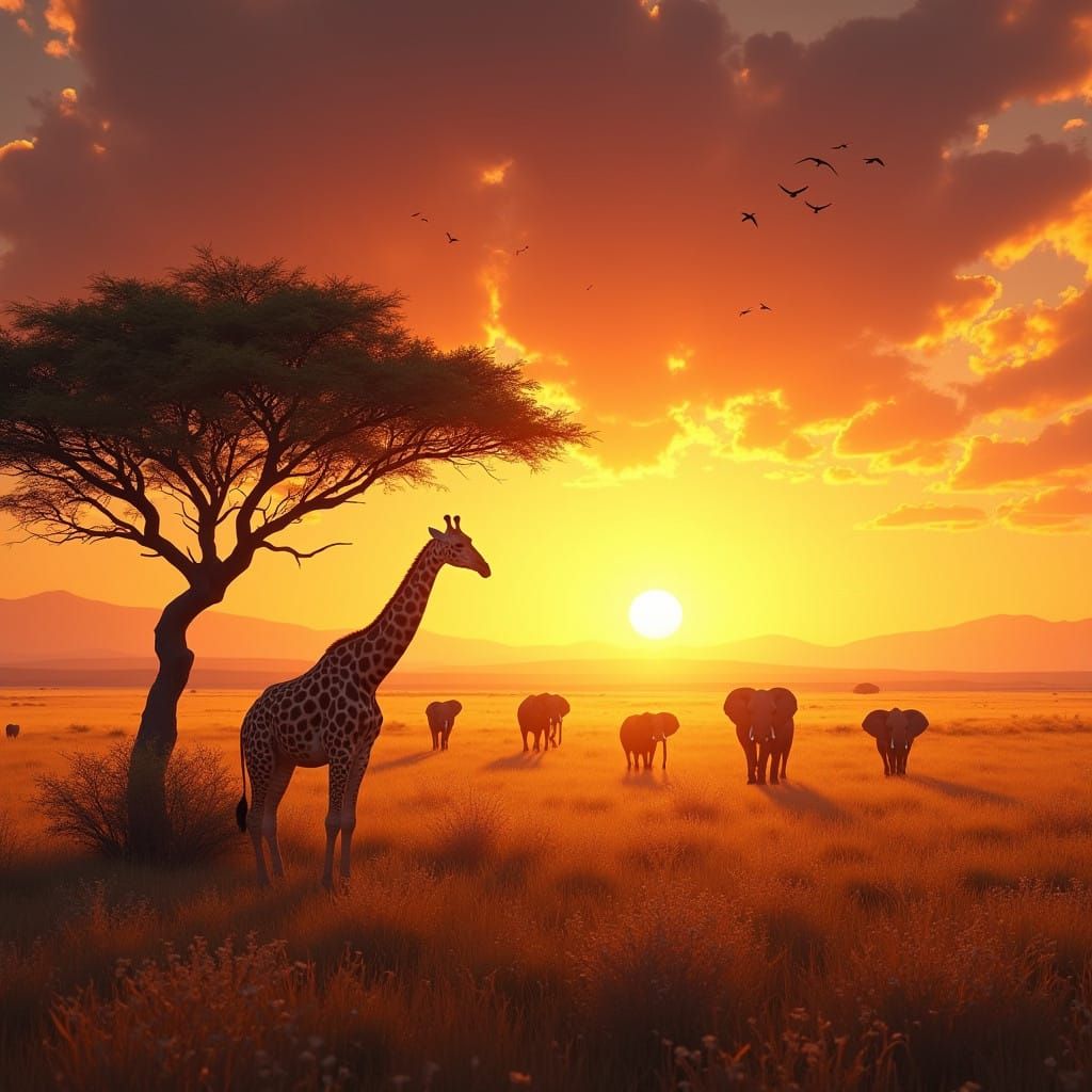 Golden Savannah Sunset with Majestic Giraffe and Elephant He...