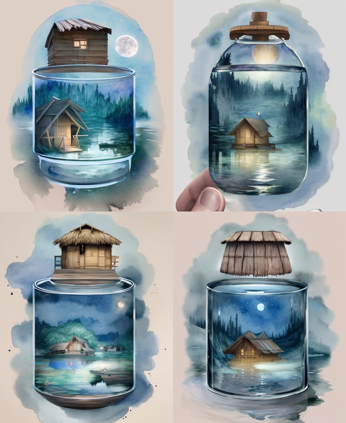 Moonlit Lake Hut in Glass Bottle: Digital Illustration
