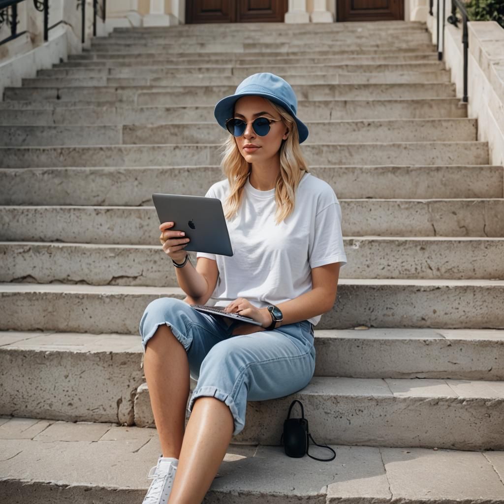 Young Woman with Laptop on Stairs: Stock Photo