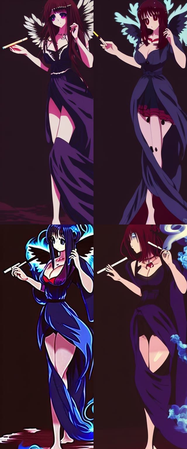 Elegant Anime Angel with Black Wings Smoking
