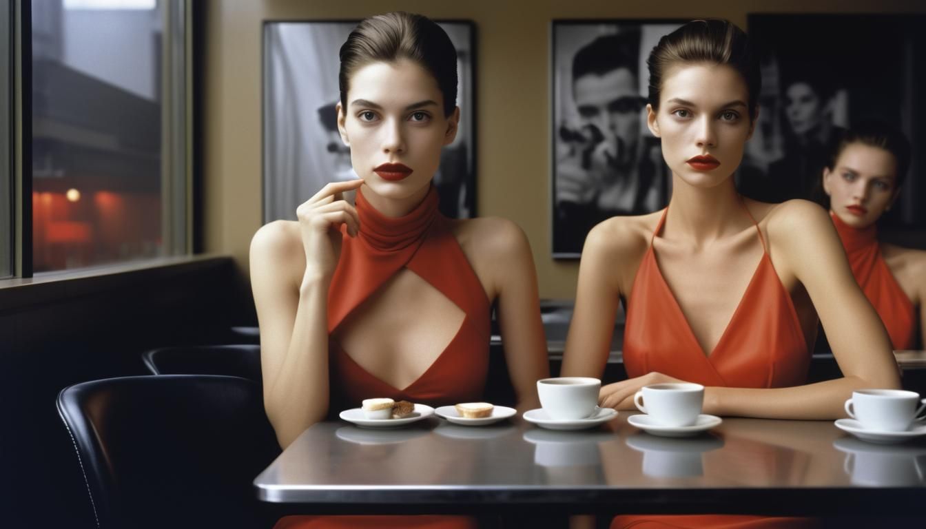 Modern Couture Woman Having Tea: Photorealistic Portrait