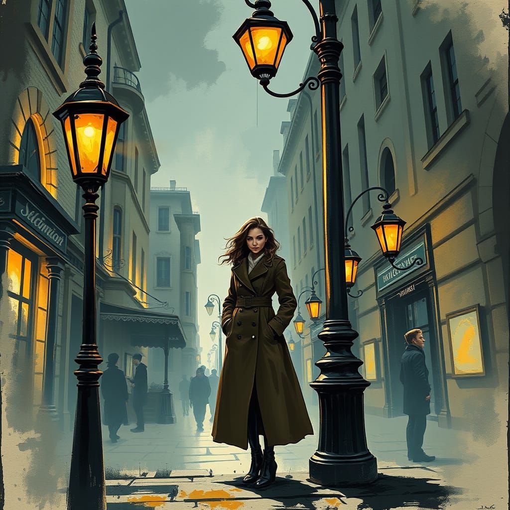 Steampunk Woman by Lamp Post on Vintage Street