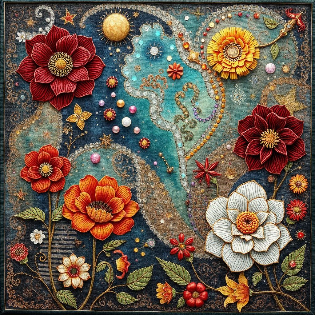 Surrealist Floral Tapestry in Ethereal Sequins