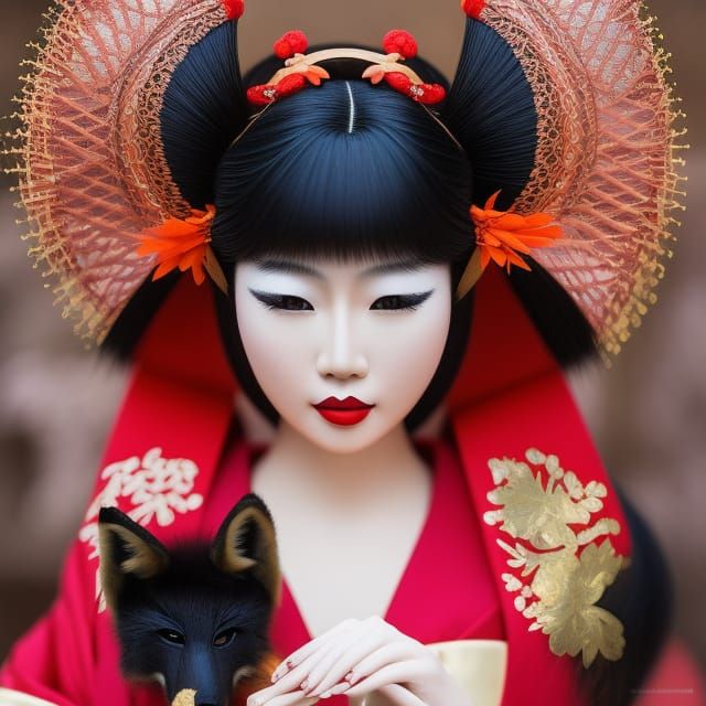 Asian Fox Woman in Kimono at Japanese Temple